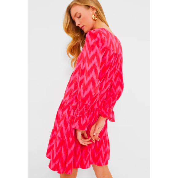 Tuckernuck Pomander Place Ikat Tiered Dress Pink & Red Long Sleeve Ruffle Hem - Picture 3 of 7